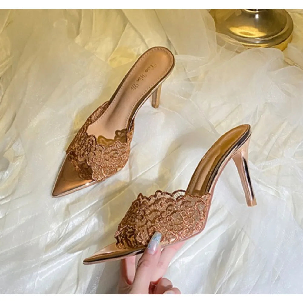 Luxury Lace Crochet Mule Slipper Brand Design Point Toe High Heel