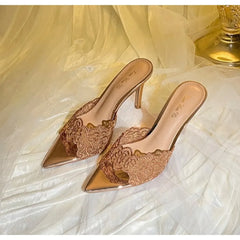 Luxury Lace Crochet Mule Slipper Brand Design Point Toe High Heel