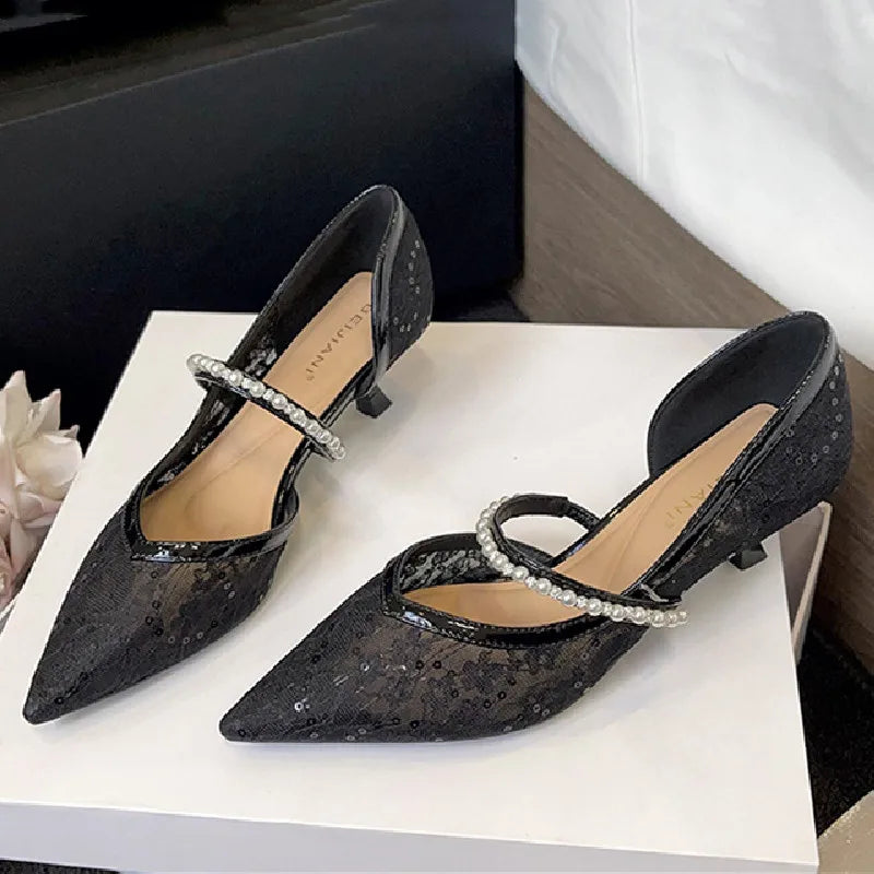 Luxury Lace Pearl Sandals High Quality Pointy Toe Thin Heel