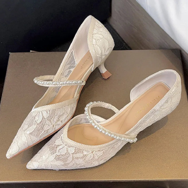 Luxury Lace Pearl Sandals High Quality Pointy Toe Thin Heel