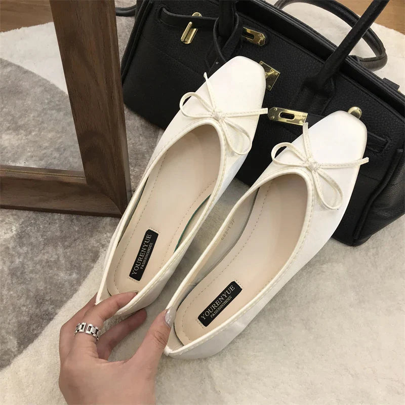 Luxury Lace Tie Leg Satin Silk Ballet Flats Square Toe Bowknot Elastic Band Ballerinas Ladies Wedding Mary Janes Shoes