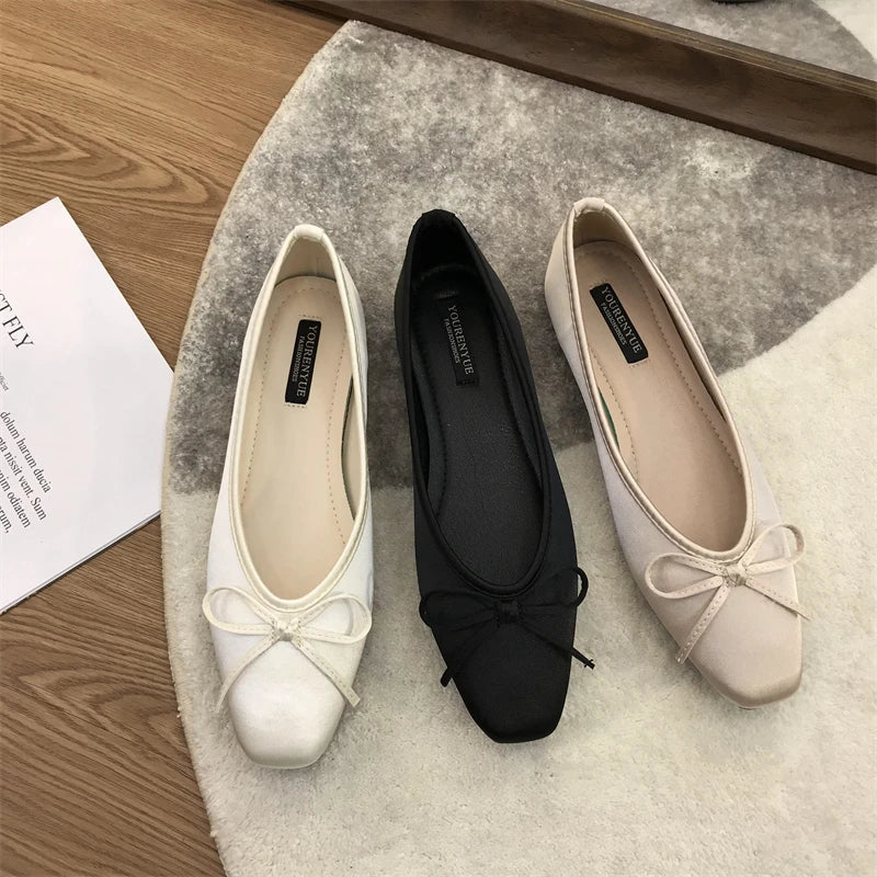 Luxury Lace Tie Leg Satin Silk Ballet Flats Square Toe Bowknot Elastic Band Ballerinas Ladies Wedding Mary Janes Shoes