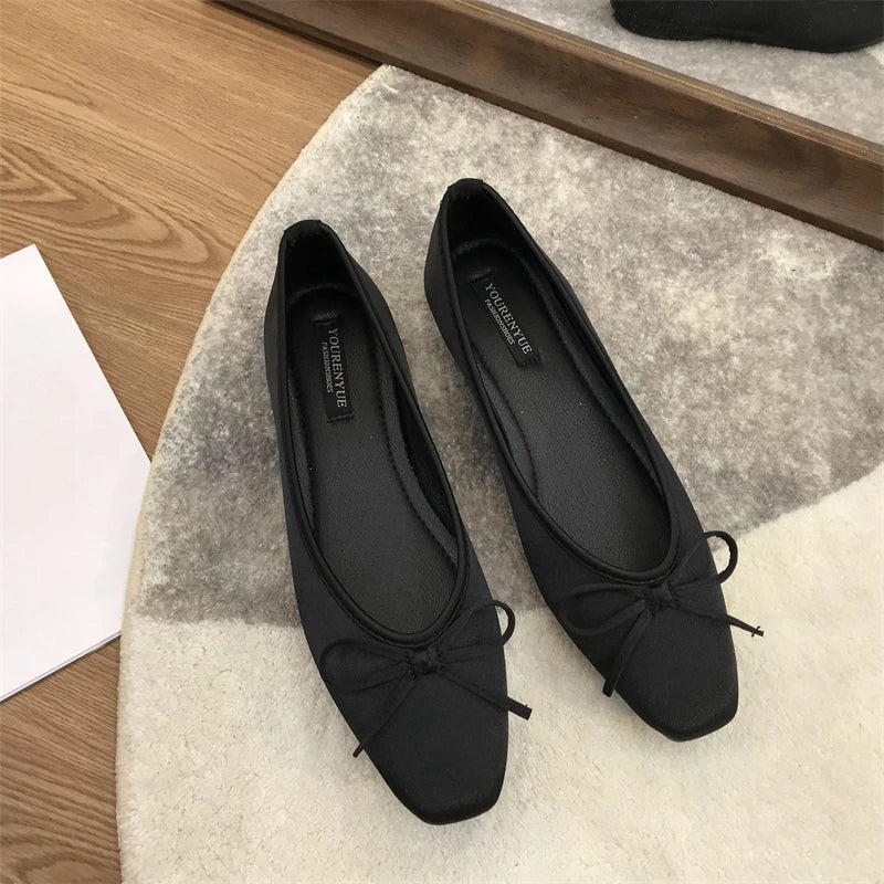 Luxury Lace Tie Leg Satin Silk Ballet Flats Square Toe Bowknot Elastic Band Ballerinas Ladies Wedding Mary Janes Shoes