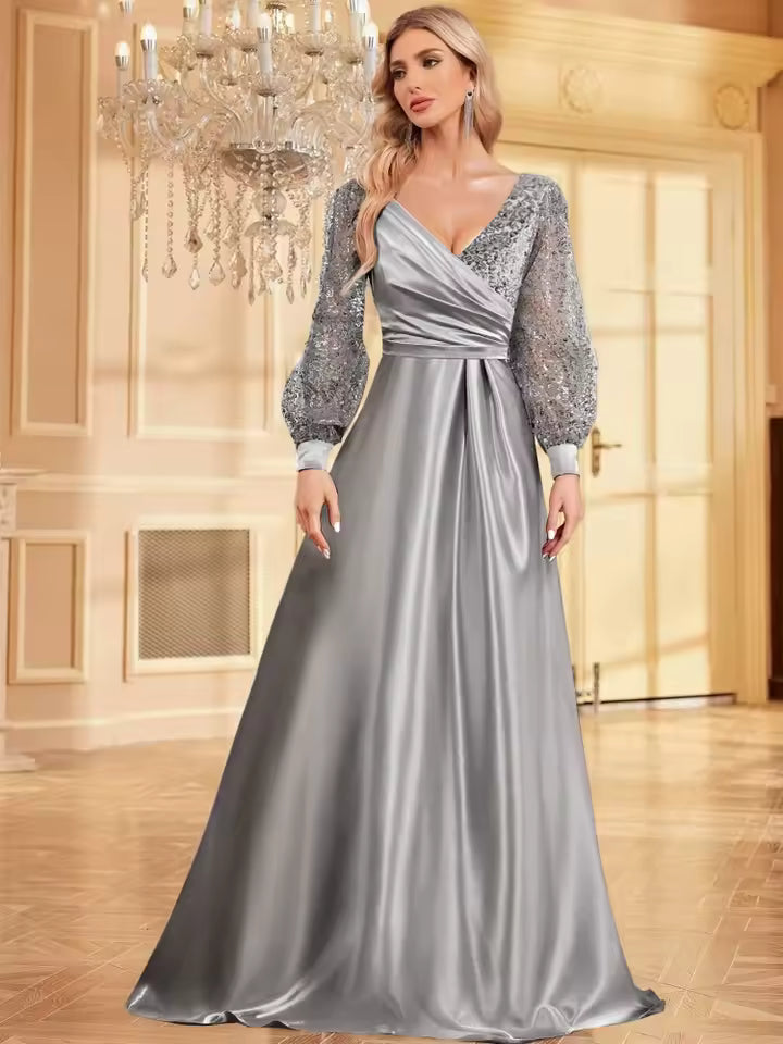 Luxury Long Sleeve A-LINE Cocktail V-Neck Sequin Formal Evening Maxi Dress