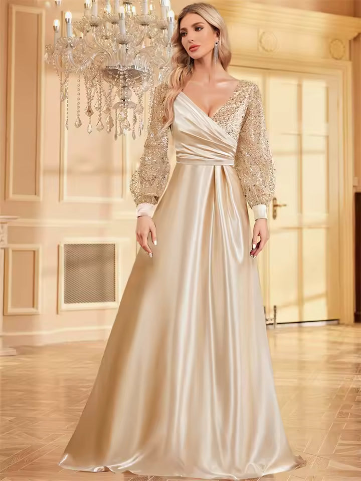 Luxury Long Sleeve A-LINE Cocktail V-Neck Sequin Formal Evening Maxi Dress