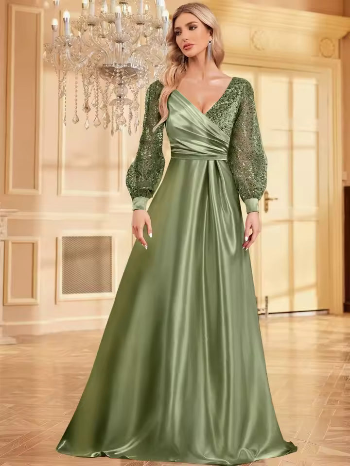 Luxury Long Sleeve A-LINE Cocktail V-Neck Sequin Formal Evening Maxi Dress