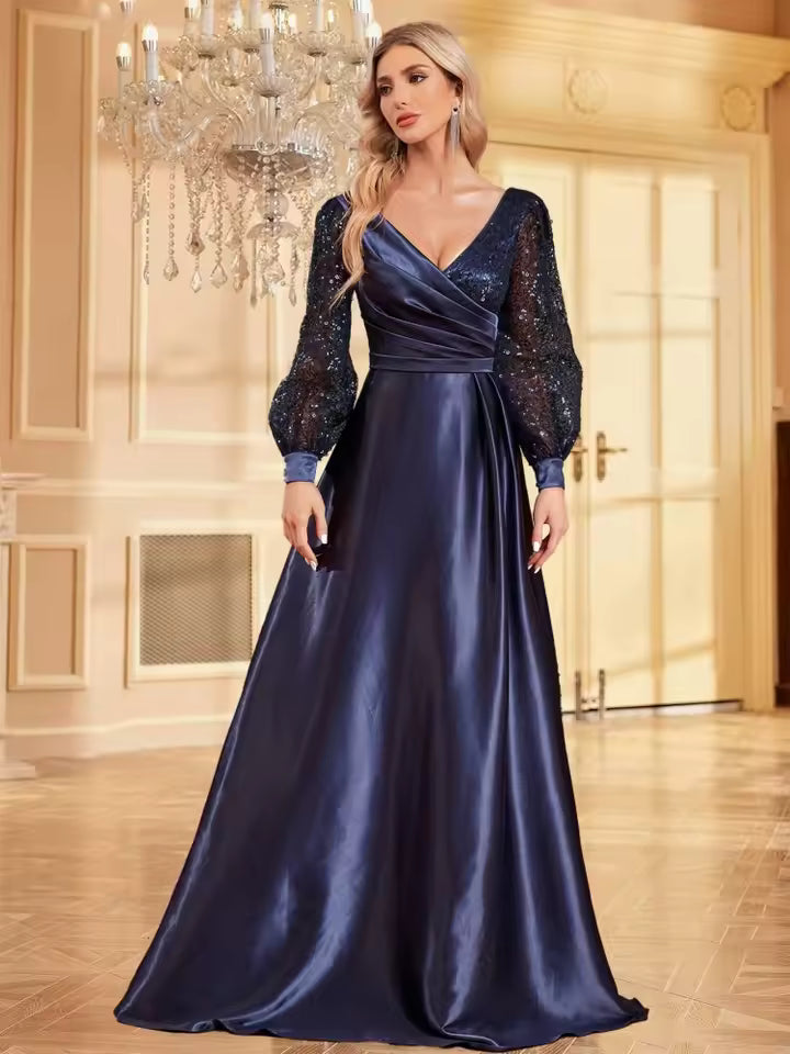Luxury Long Sleeve A-LINE Cocktail V-Neck Sequin Formal Evening Maxi Dress