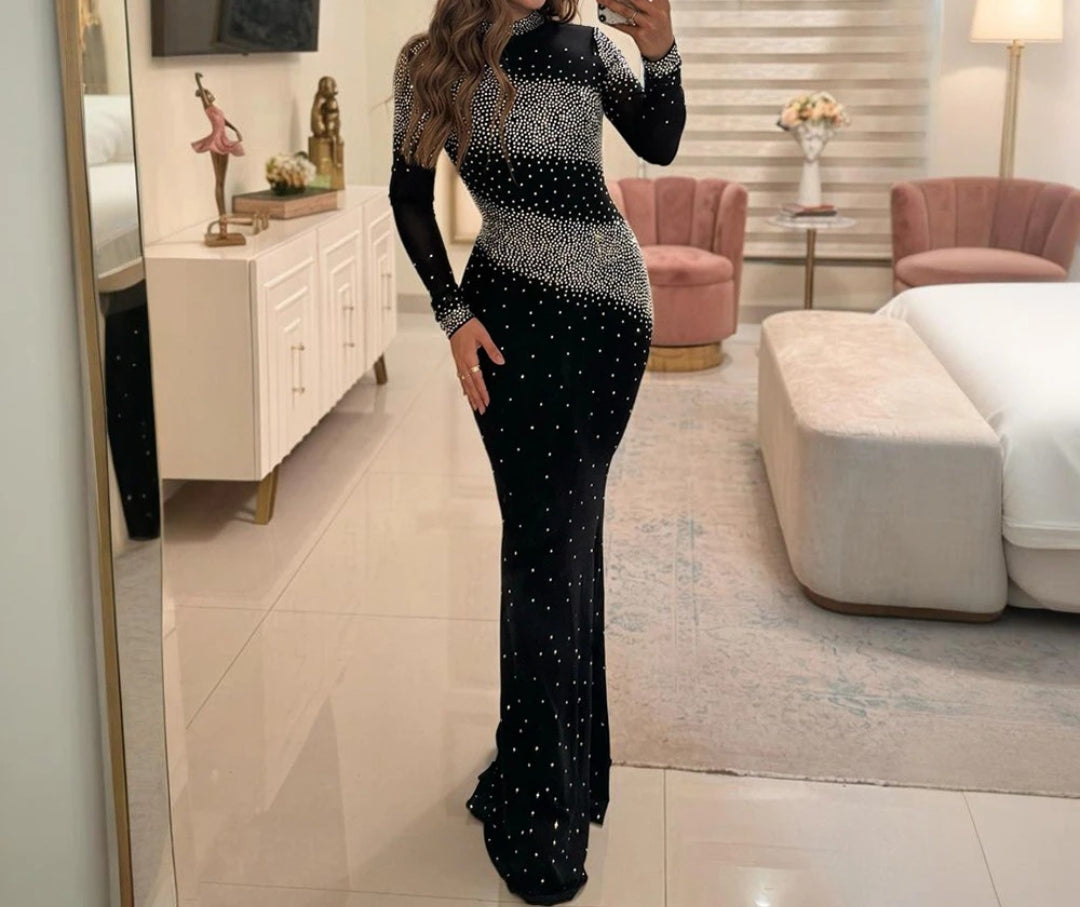Luxury Long Sleeve High Neck Shiny Rhinestones Cocktail Elegant Formal Prom Dresses