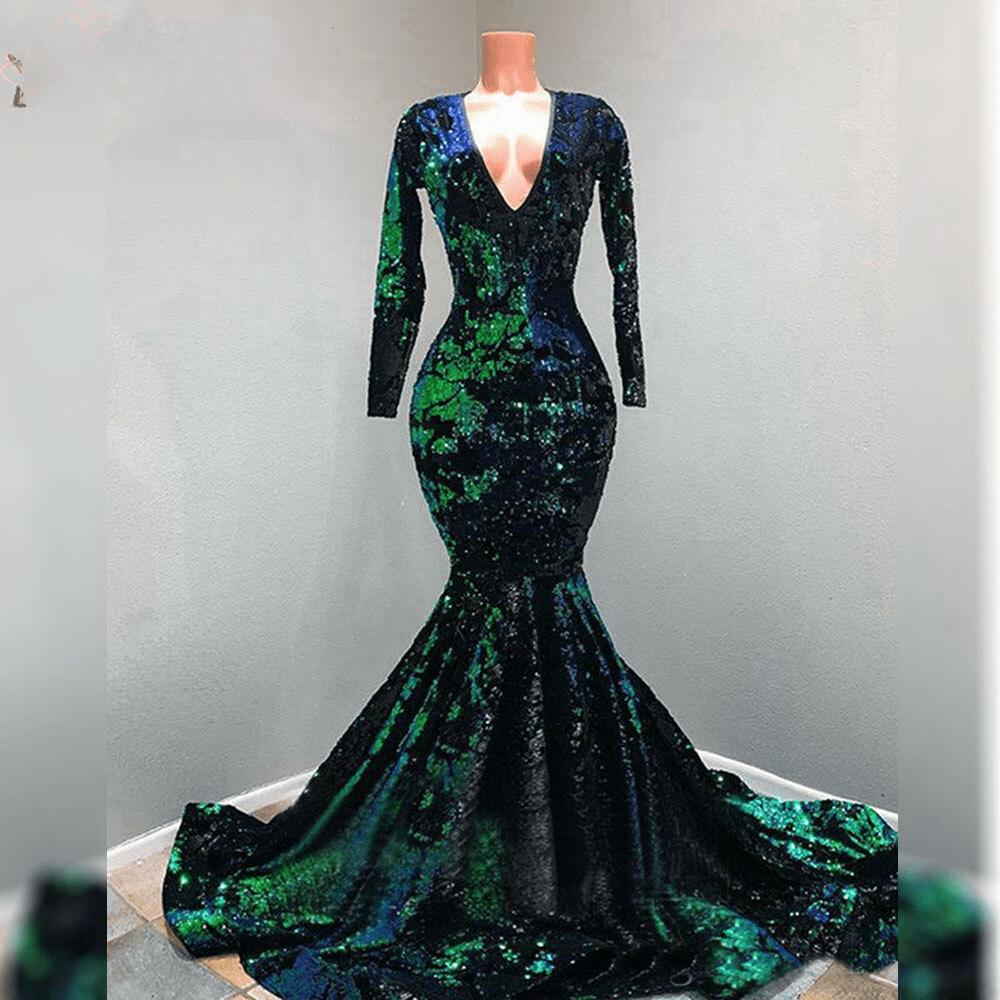 V-neck Long Sleeves Sequins Soiree Evening Prom Dresses Mermaid
