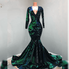 V-neck Long Sleeves Sequins Soiree Evening Prom Dresses Mermaid