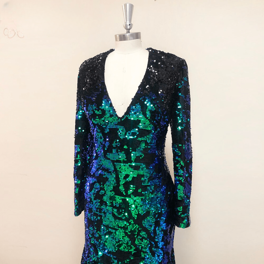 V-neck Long Sleeves Sequins Soiree Evening Prom Dresses Mermaid