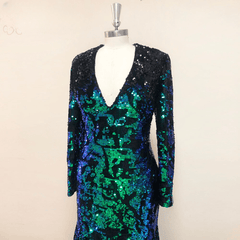 V-neck Long Sleeves Sequins Soiree Evening Prom Dresses Mermaid