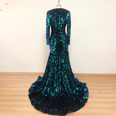 V-neck Long Sleeves Sequins Soiree Evening Prom Dresses Mermaid