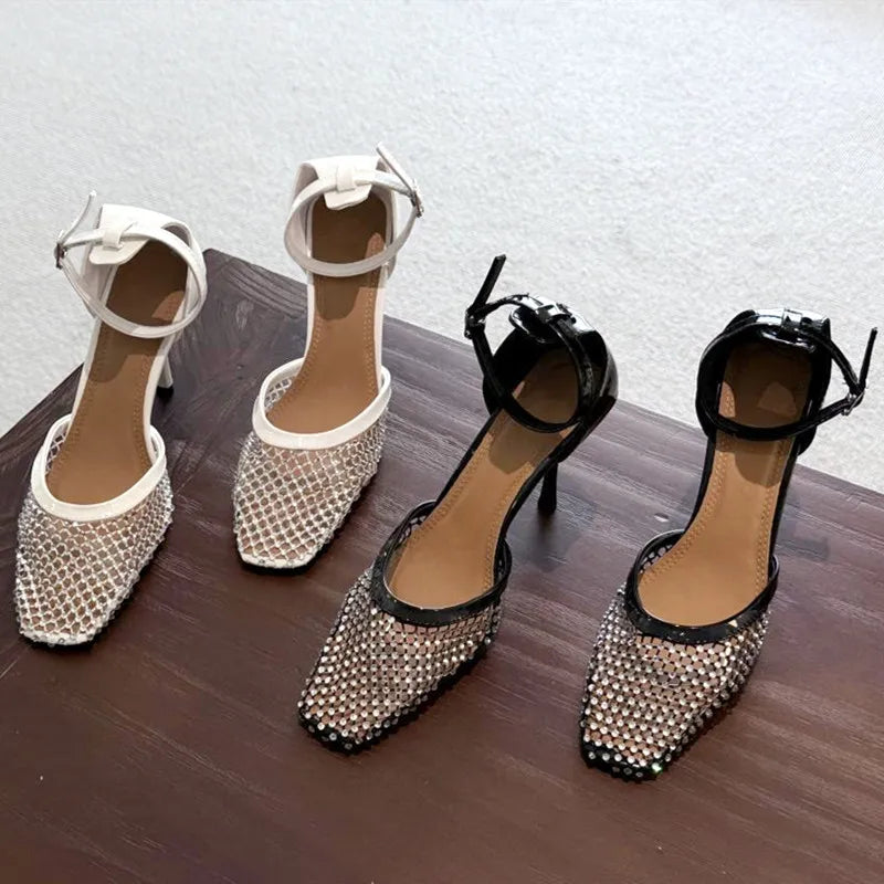 Luxury Mesh Rhinestone Designer Sandals Buckle Ankle Strap Square Toe Slide Sandals Hollow Ladies Shoe