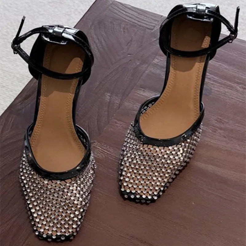 Luxury Mesh Rhinestone Designer Sandals Buckle Ankle Strap Square Toe Slide Sandals Hollow Ladies Shoe