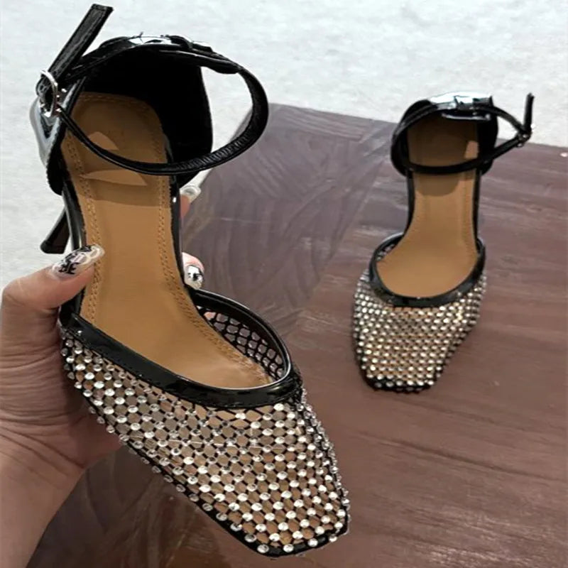 Luxury Mesh Rhinestone Designer Sandals Buckle Ankle Strap Square Toe Slide Sandals Hollow Ladies Shoe