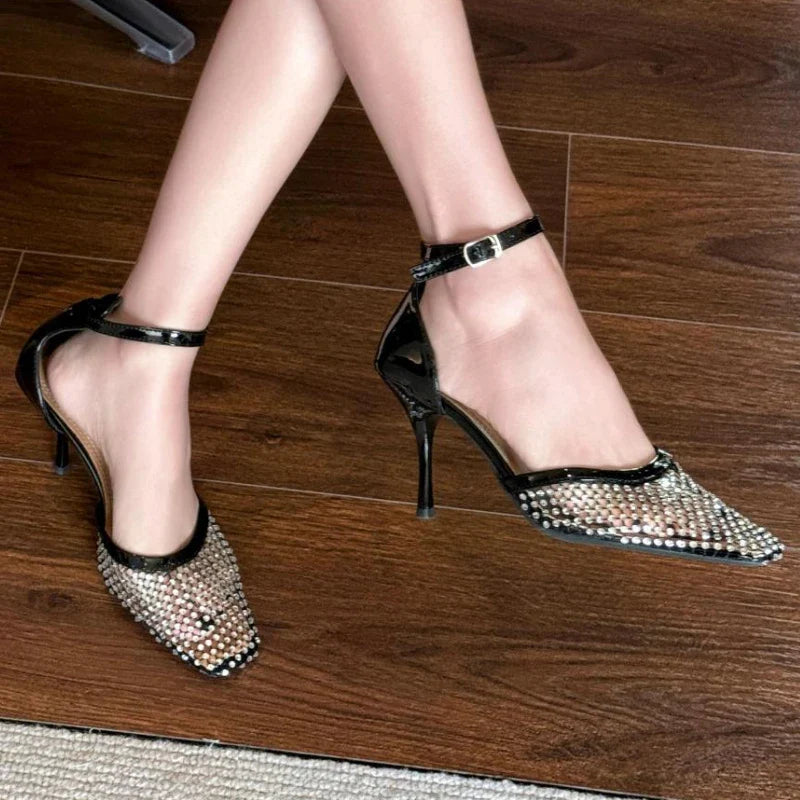 Luxury Mesh Rhinestone Designer Sandals Buckle Ankle Strap Square Toe Slide Sandals Hollow Ladies Shoe