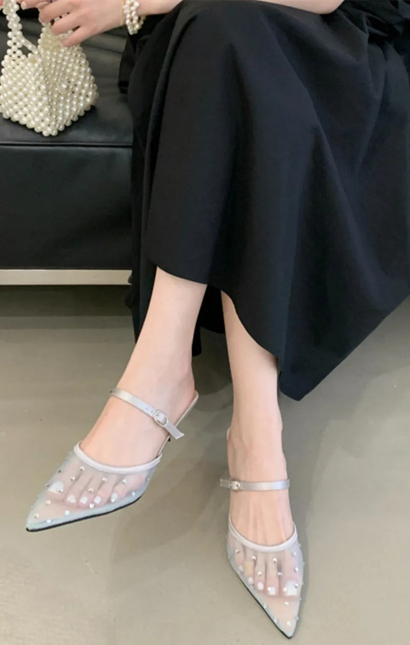 Luxury Mesh Rhinestone Sandals Pointed Toe Buckle Thin Heel