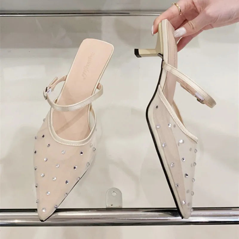 Luxury Mesh Rhinestone Sandals Pointed Toe Buckle Thin Heel