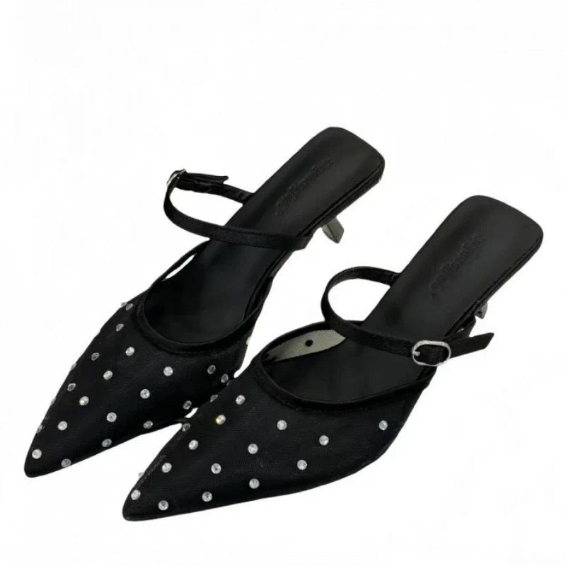 Luxury Mesh Rhinestone Sandals Pointed Toe Buckle Thin Heel