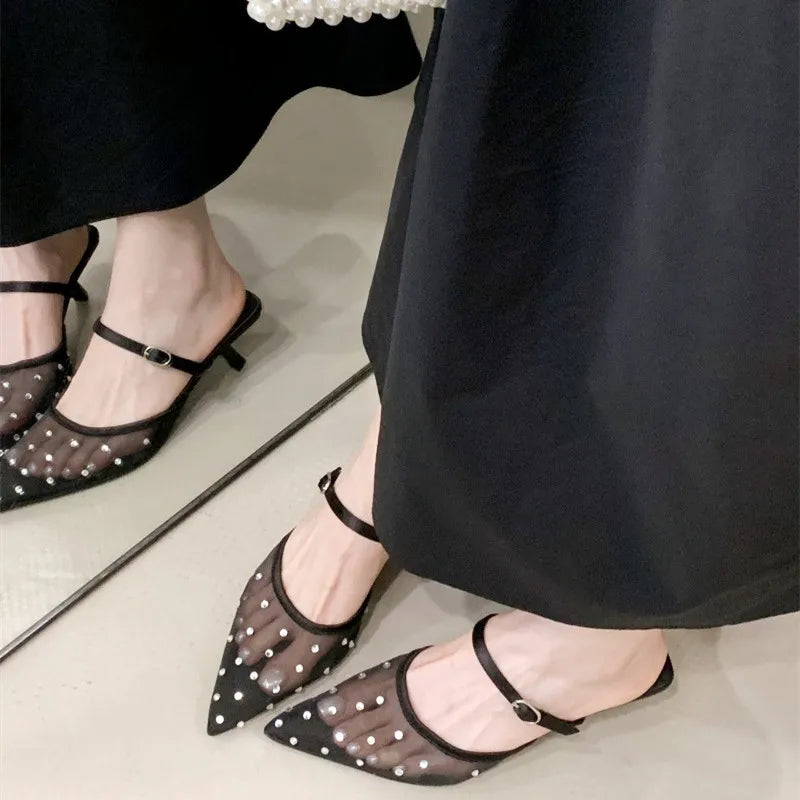 Luxury Mesh Rhinestone Sandals Pointed Toe Buckle Thin Heel