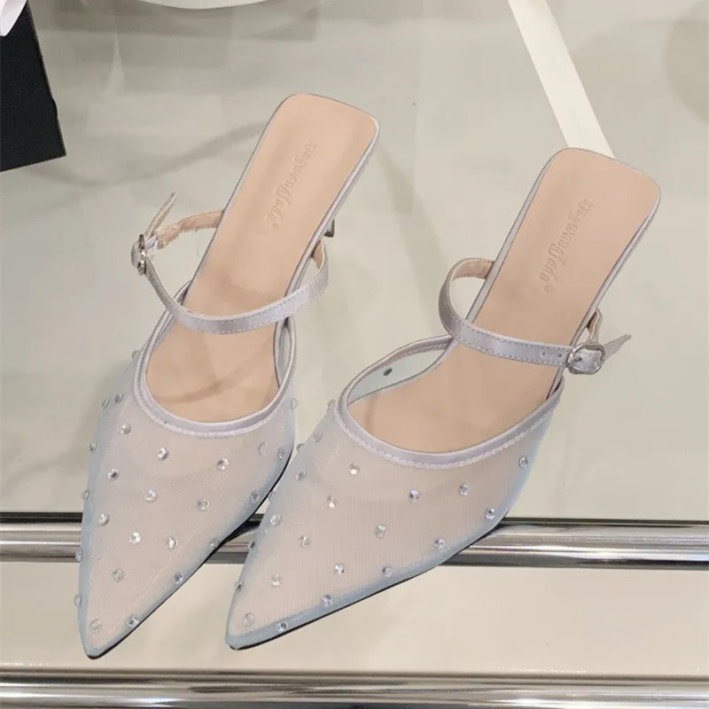 Luxury Mesh Rhinestone Sandals Pointed Toe Buckle Thin Heel