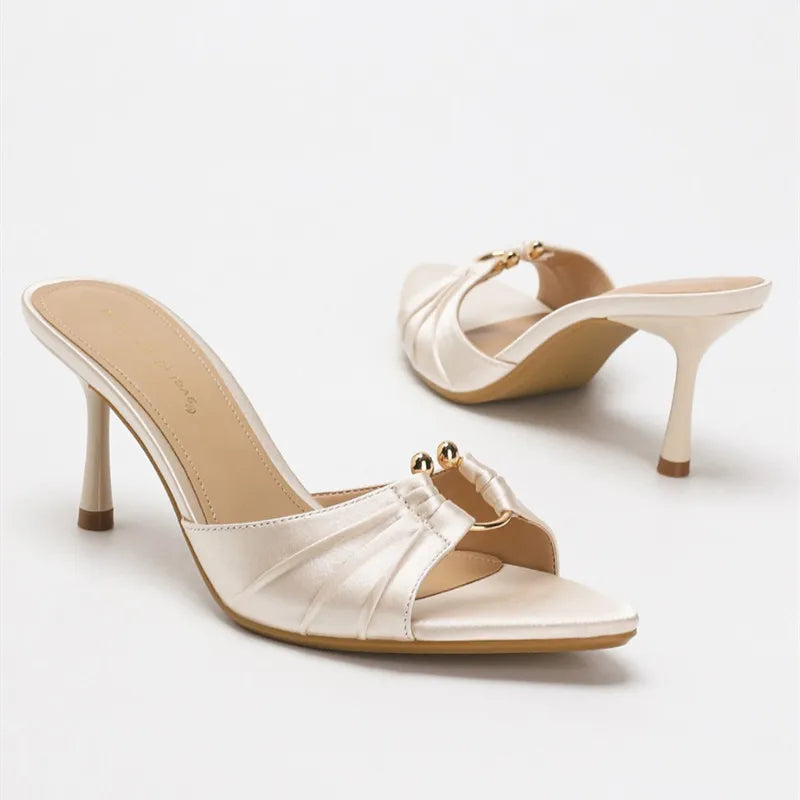 Luxury Metal Buckle Decoration Pleated Design Slippers Pointed Toe Slide Sandals Elegant High Heel