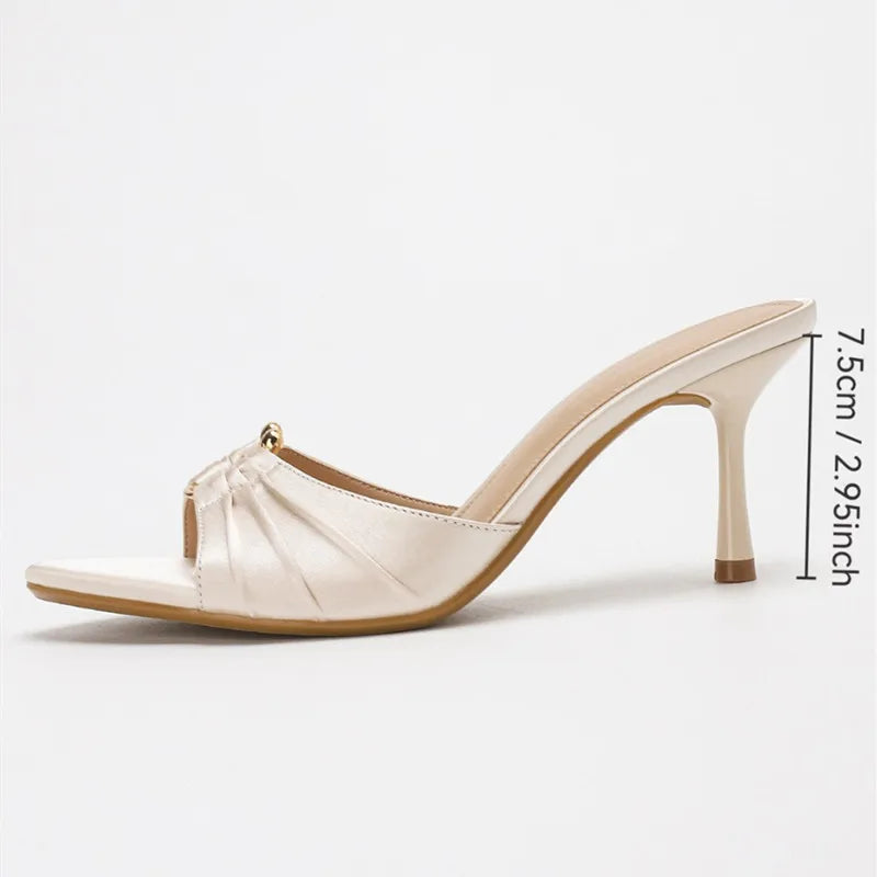 Luxury Metal Buckle Decoration Pleated Design Slippers Pointed Toe Slide Sandals Elegant High Heel