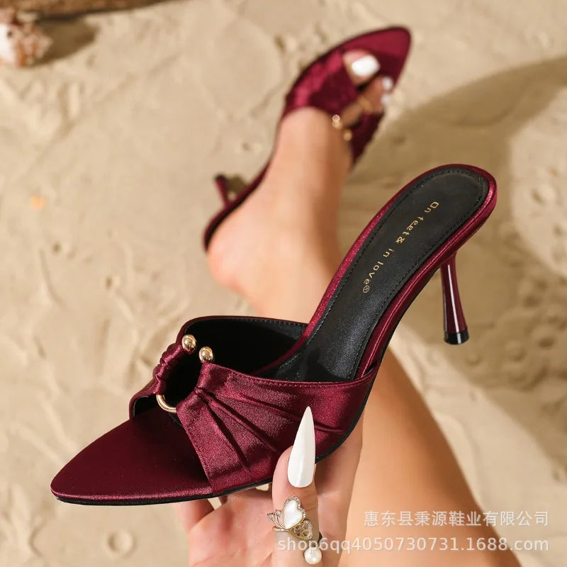 Luxury Metal Buckle Decoration Pleated Design Slippers Pointed Toe Slide Sandals Elegant High Heel