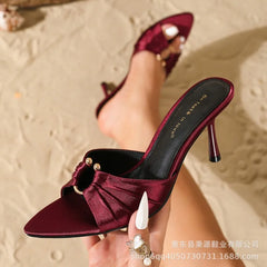 Luxury Metal Buckle Decoration Pleated Design Slippers Pointed Toe Slide Sandals Elegant High Heel