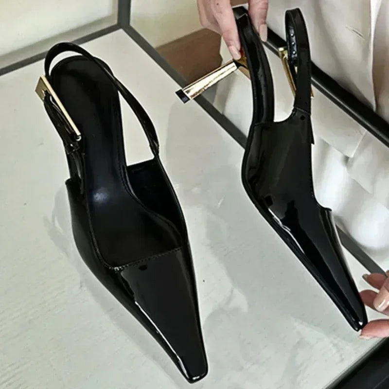 Luxury Metal Buckle Strap Design Pumps Pointed Toe Slingbacks High Heel