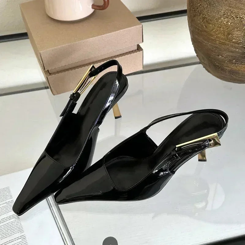 Luxury Metal Buckle Strap Design Pumps Pointed Toe Slingbacks High Heel