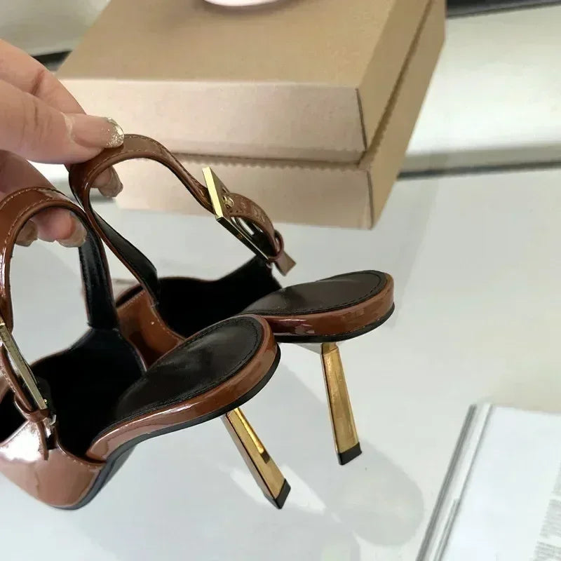 Luxury Metal Buckle Strap Design Pumps Pointed Toe Slingbacks High Heel