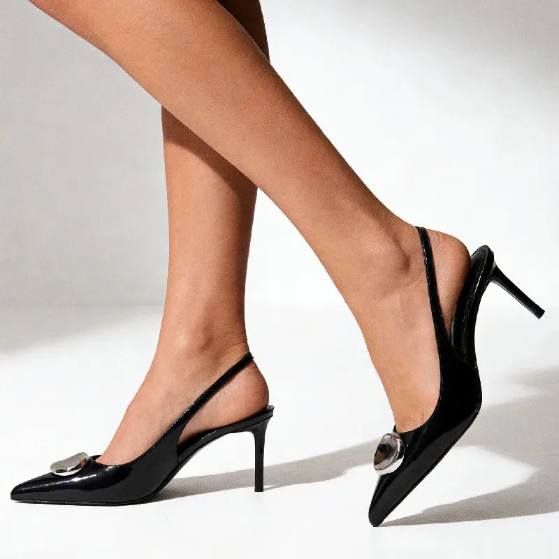 Luxury Metal Decoration Patent Leather Pumps Pointed Toe Slingback High Heel