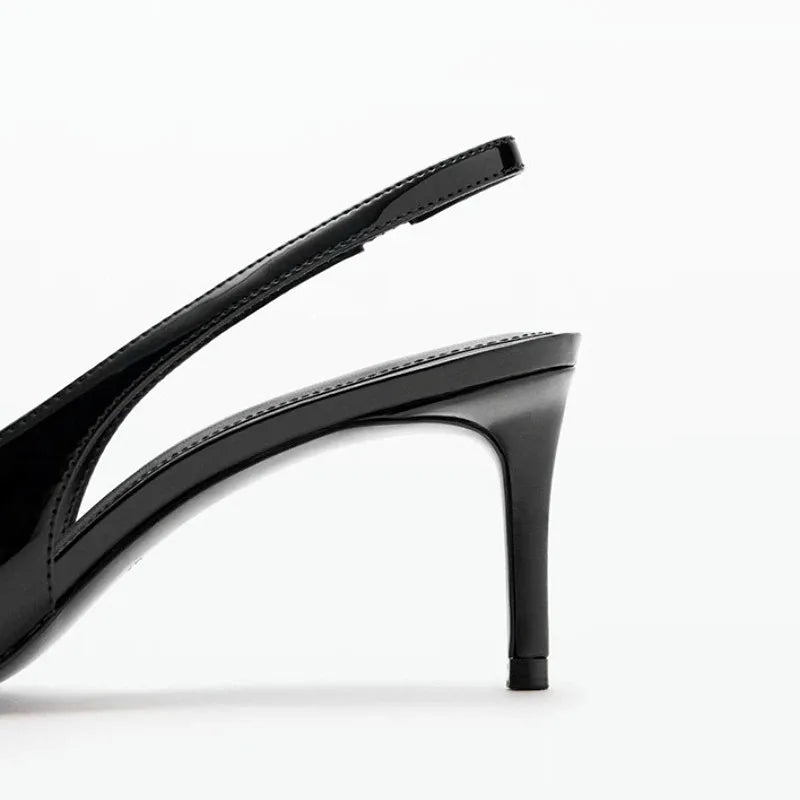 Luxury Metal Decoration Patent Leather Pumps Pointed Toe Slingback High Heel