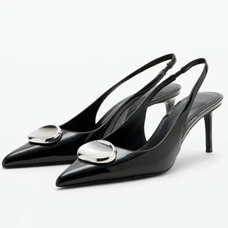 Luxury Metal Decoration Patent Leather Pumps Pointed Toe Slingback High Heel