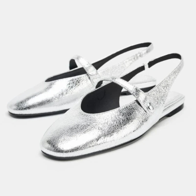 Luxury Metal Grain Design Flat Sandals Gold Silver Slingback Slippers for Girls Cute Comfortable Beach Shoe