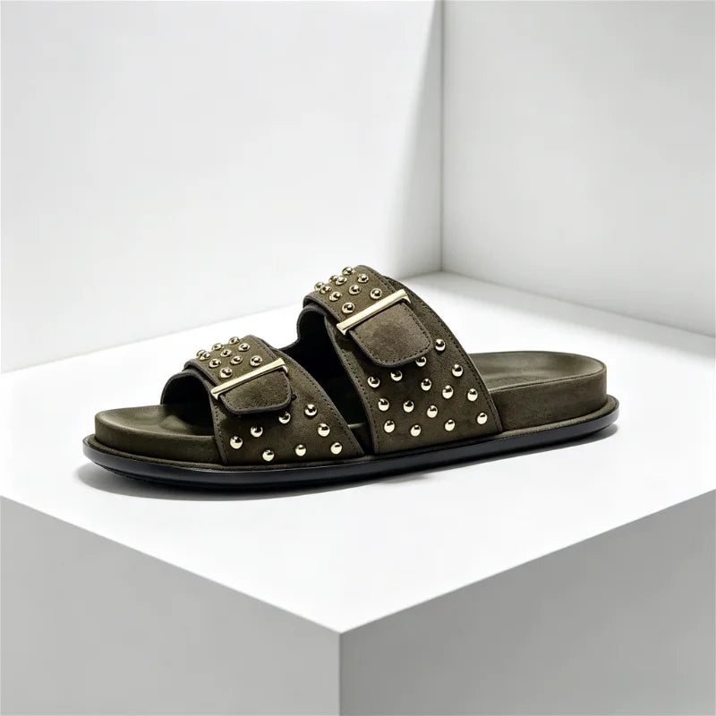 Luxury Metal Rivet Designer Flat Sandals Double Buckle Platform Slippers Outdoor Beach Shoes
