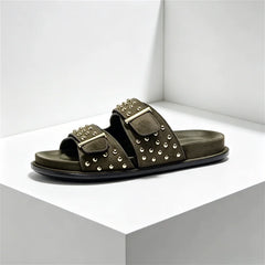 Luxury Metal Rivet Designer Flat Sandals Double Buckle Platform Slippers Outdoor Beach Shoes
