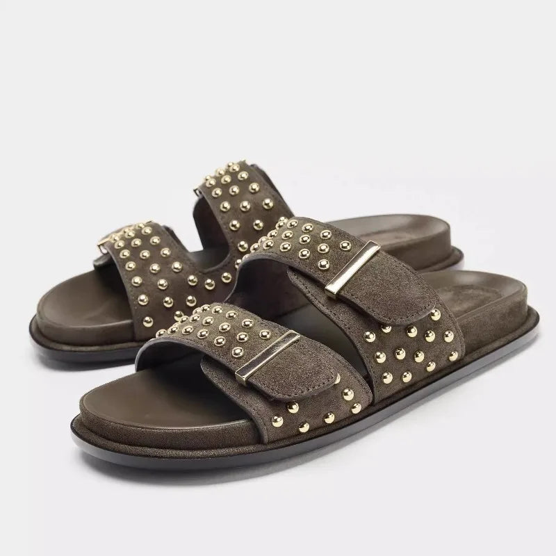 Luxury Metal Rivet Designer Flat Sandals Double Buckle Platform Slippers Outdoor Beach Shoes
