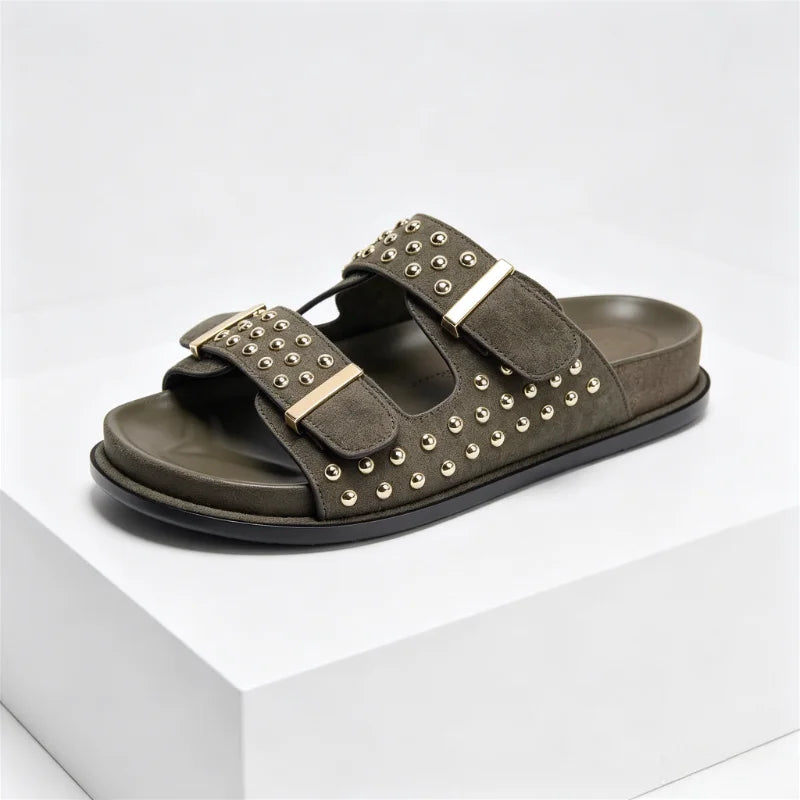 Luxury Metal Rivet Designer Flat Sandals Double Buckle Platform Slippers Outdoor Beach Shoes
