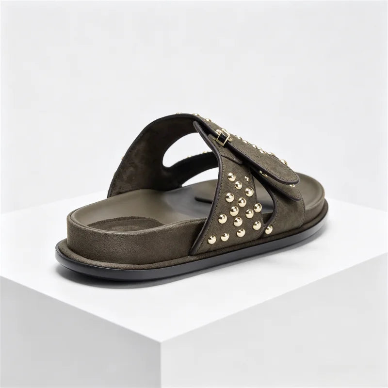 Luxury Metal Rivet Designer Flat Sandals Double Buckle Platform Slippers Outdoor Beach Shoes