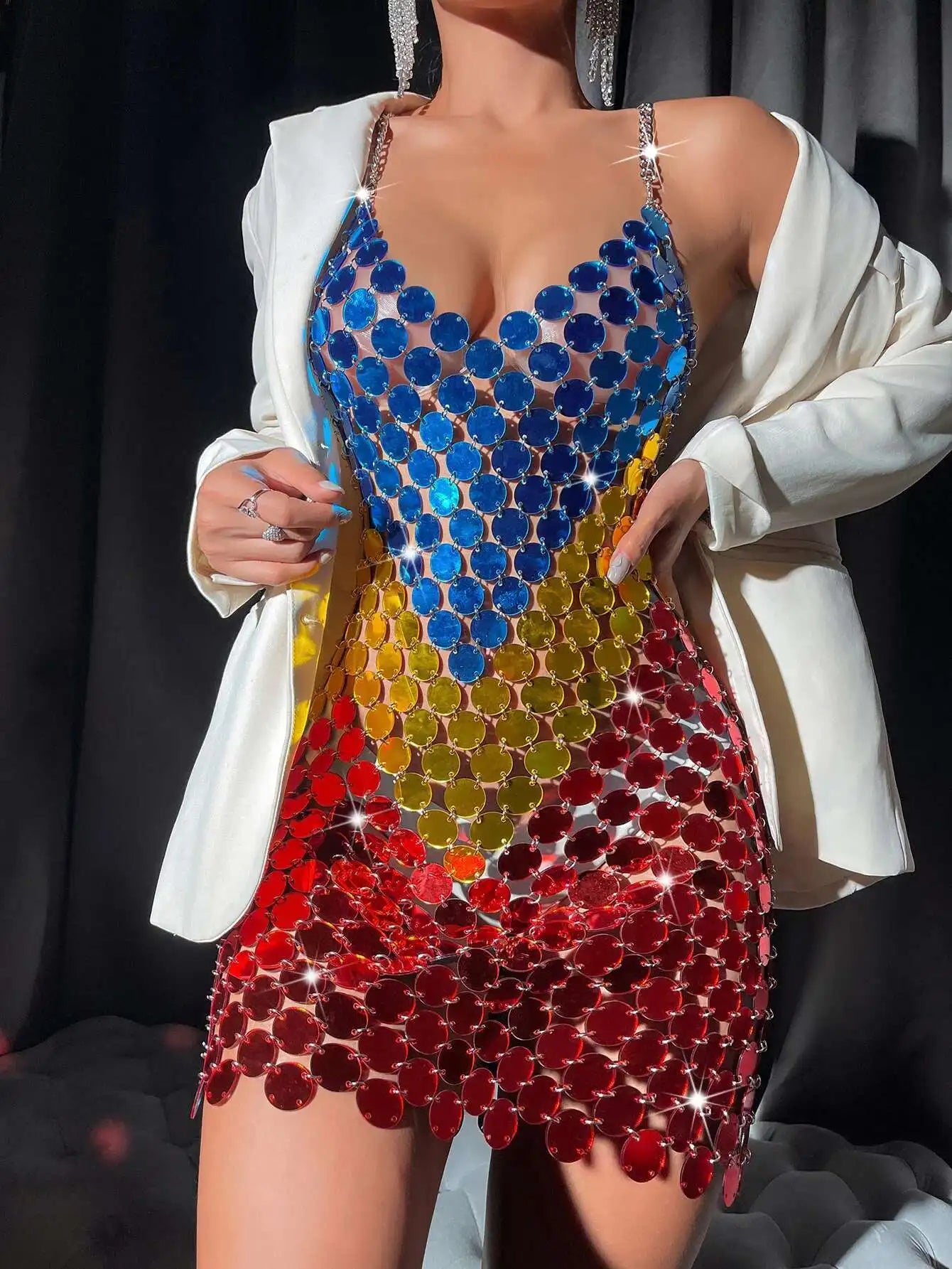 Luxury Metal Sequin Backless Club Birthday Party Evening Dresses