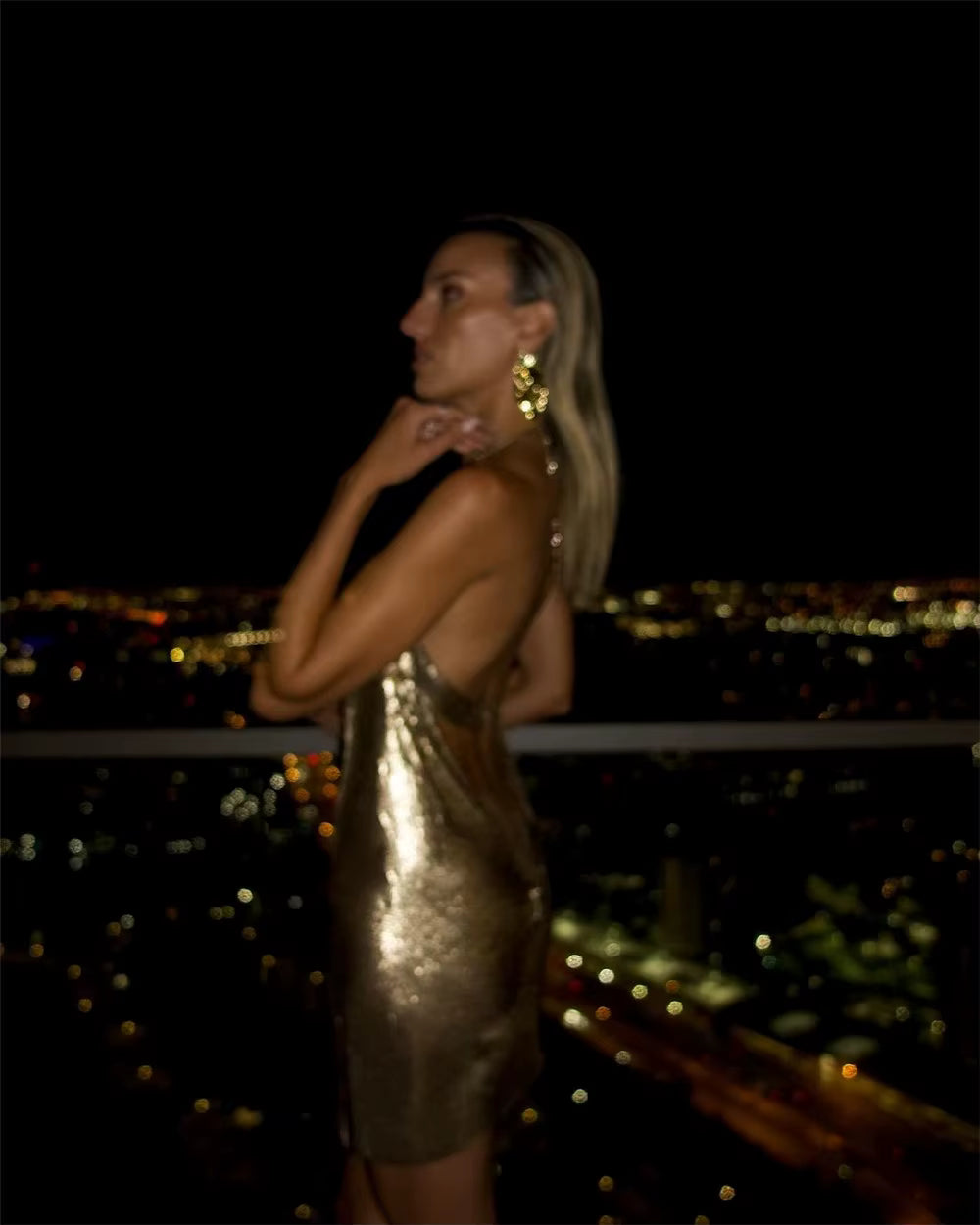 Luxury Metallic Sequins Backless Halter Neck Deep V Neck Mini Dress