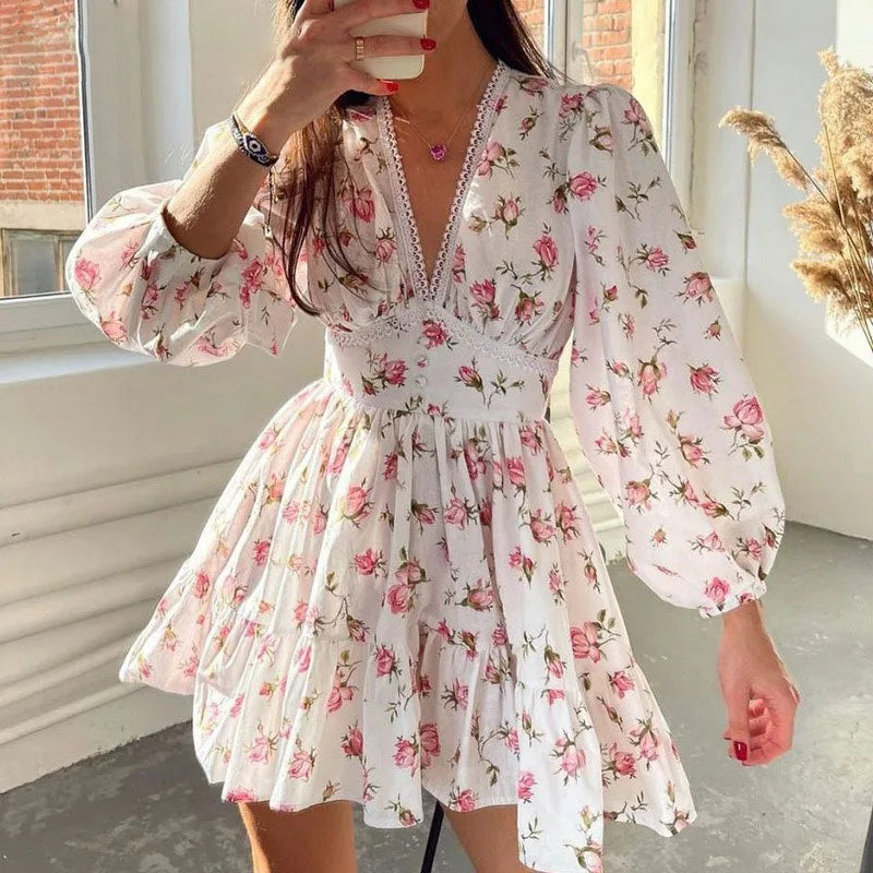 Luxury Sweet Print V-Neck Lace Short Long Sleeve Floral Dress