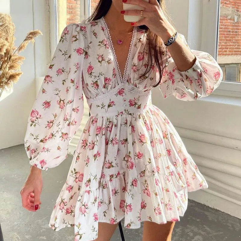 Luxury Sweet Print V-Neck Lace Short Long Sleeve Floral Dress