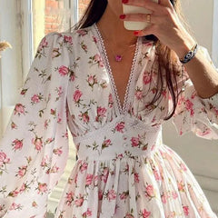 Luxury Sweet Print V-Neck Lace Short Long Sleeve Floral Dress