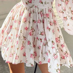 Luxury Sweet Print V-Neck Lace Short Long Sleeve Floral Dress
