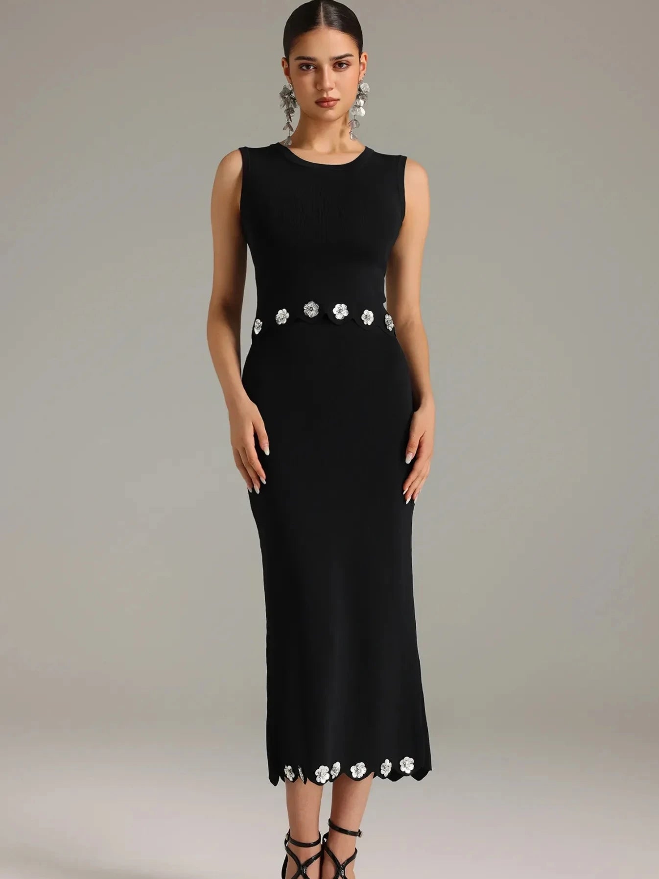 Luxury O-neck Elegant Sleeveless Flower Short Top Long Slim Skirt Party Dinner Dress