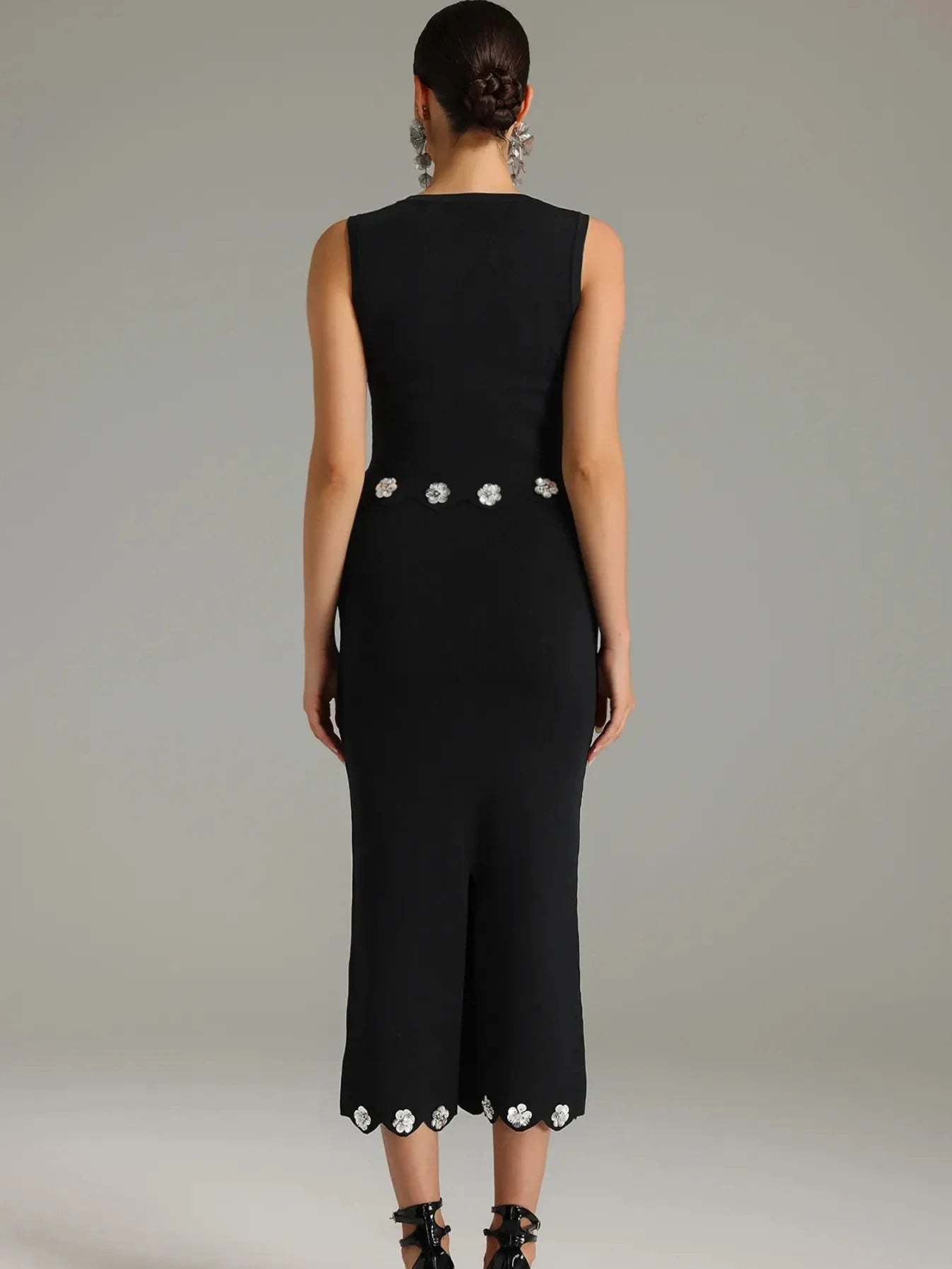 Luxury O-neck Elegant Sleeveless Flower Short Top Long Slim Skirt Party Dinner Dress